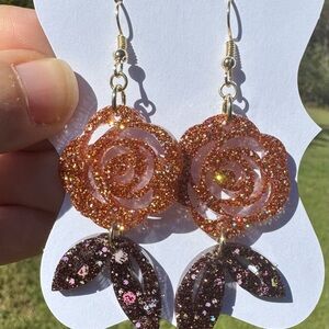 Glittering Rose Orange and Brown Leaf Earrings